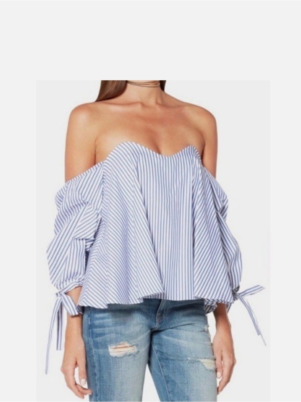 Caroline Constas Gabriella Off-The-Shoulder Blue Striped Blouse Size Petite